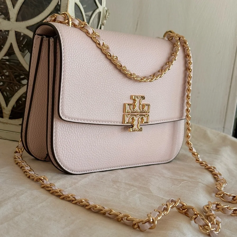 575+!Tory Burch Britten Small Adjustable Shoulder Bag Light Pink with Gold Chain